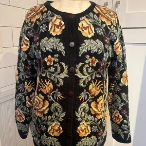 Vintage Cottage Core Marisa Christina Black Floral Lined Cardigan small